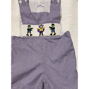 Silly Goose Gingham Plaid Smocked Overalls shorts 18T